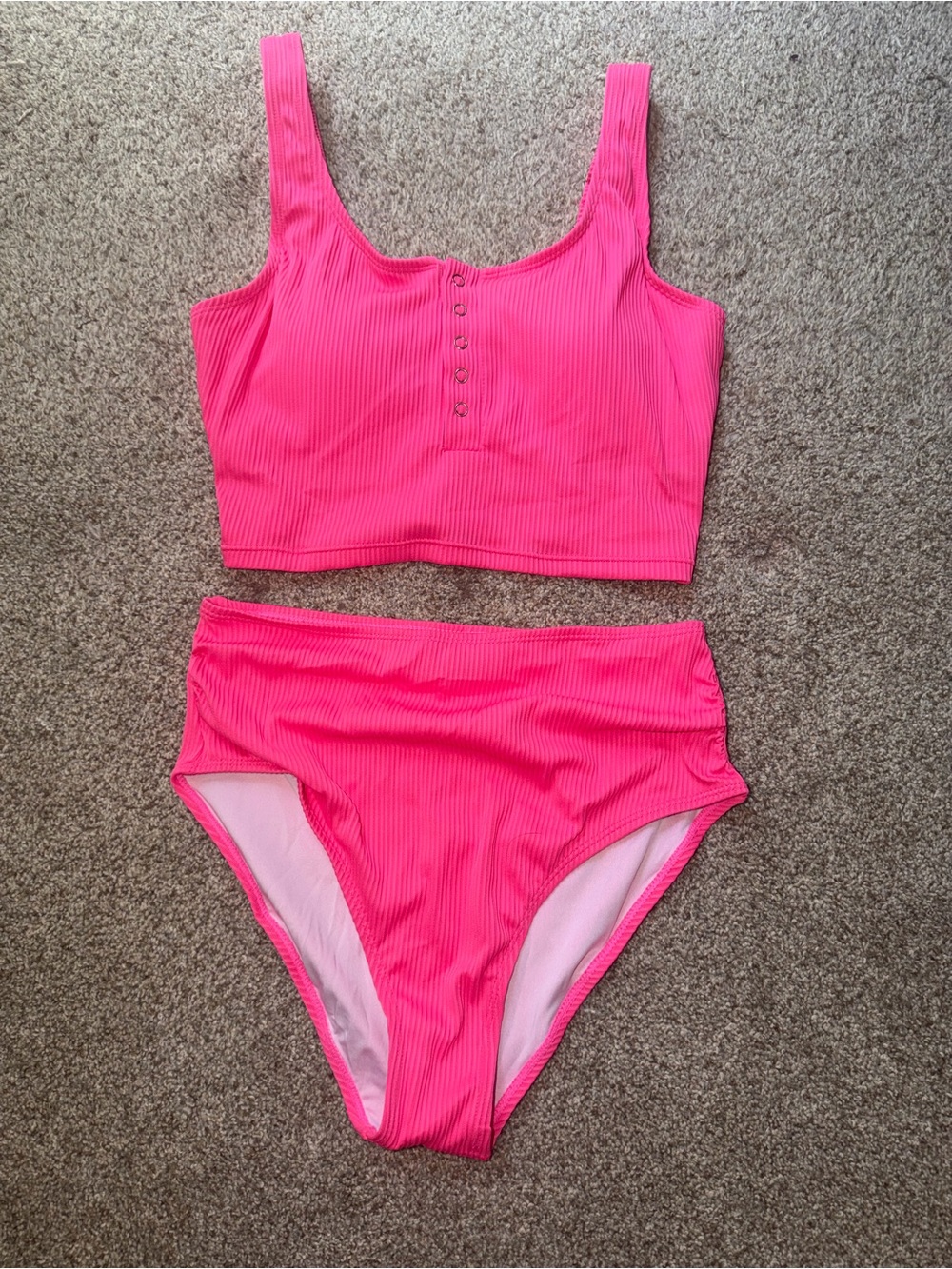 High-Waist Ribbed Tank Bikini Set in Hot Pink